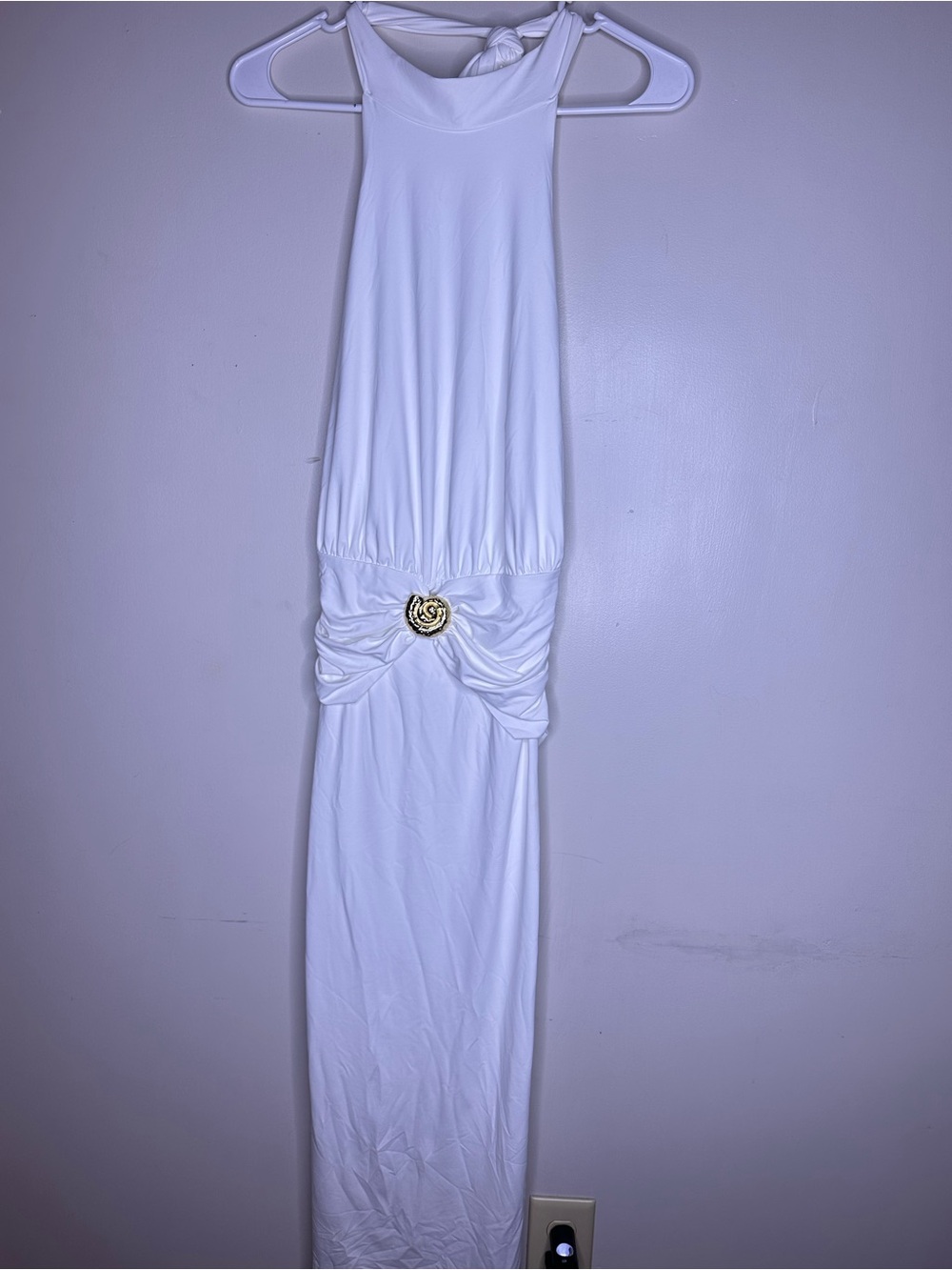 White Ruched Maxi Skirt with Gold Accent